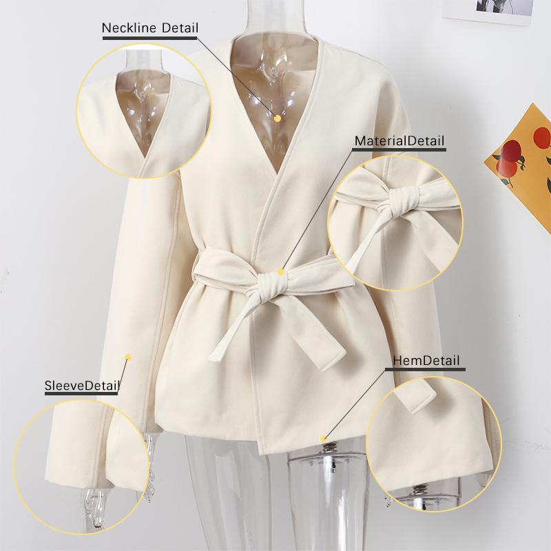 Fashion Solid Lace Up Fleece Coat Belt For Women Elegant V-neck Long Sleeve Jacket Autumn Winter Lady Street Outwear