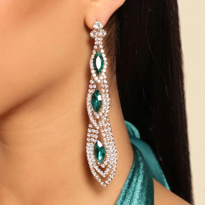 

Геометрические серьги с зелеными бриллиантами и бриллиантами, модные легкие роскошные серьги-подвески с трансграничной рамкой, женские серьги