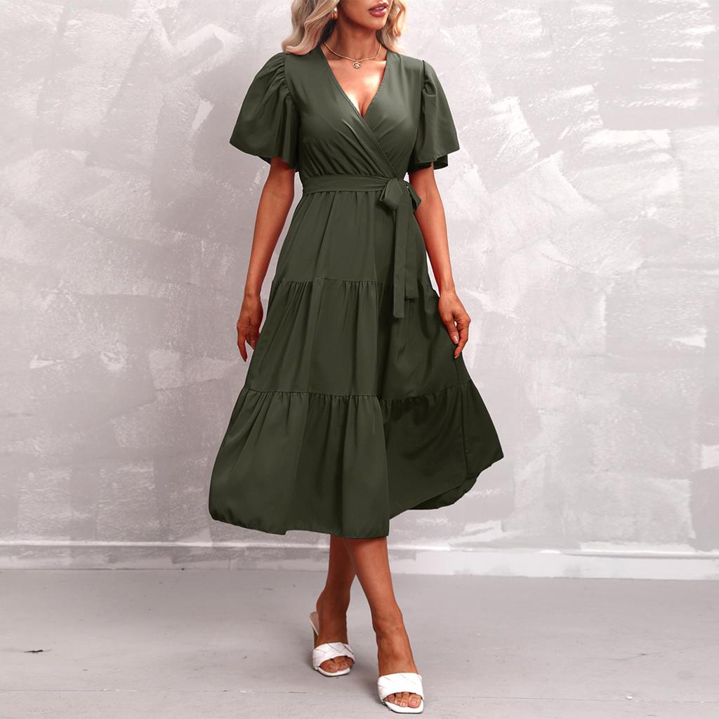 Modisches Damen Sommerkleid in Farbe mit V-Ausschnitt, kurzen Ärmeln und Bindung für den Strandurlaub