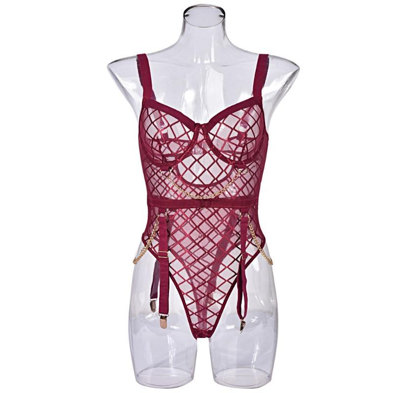 Wind perspective mesh heavy industry metal chain sexy one-piece lingerie women's clothing