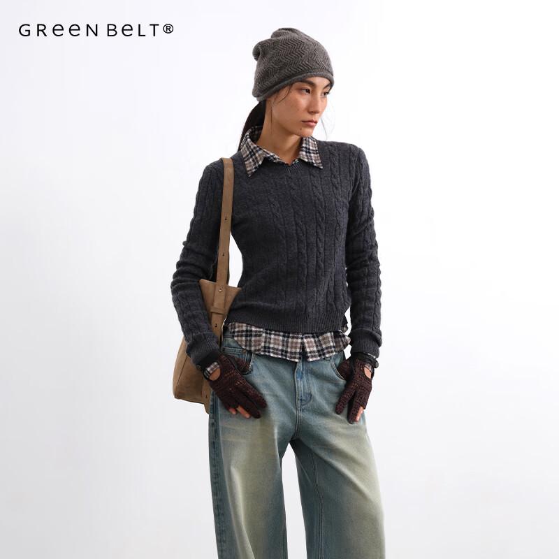 GREEN BELT Women's Retro Cable Knit V-Neck Merino Wool Sweater