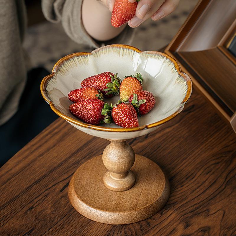 BRCeramic Bowl Floral High-sided Plate Wooden Fruit Plate Dessert Bowl Afternoon Tea Accessories Decorative Tray Kitchen OrganizerEY