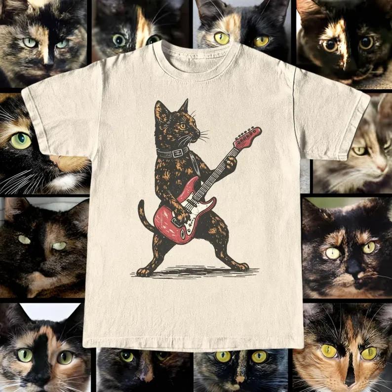 

Tortoiseshell Cat TShirt Retro Cat Guitar Rocker Tee Shirt Full Size S3XL Unisex T-Shirt XL