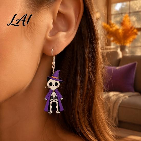Skull Cat Jewelry 1 Pair Halloween Skeleton Drop Dangle Earrings for Women Sweet Cool Acrylic Witch Hat Hoop Earring Theme Gift Hypoallergenic