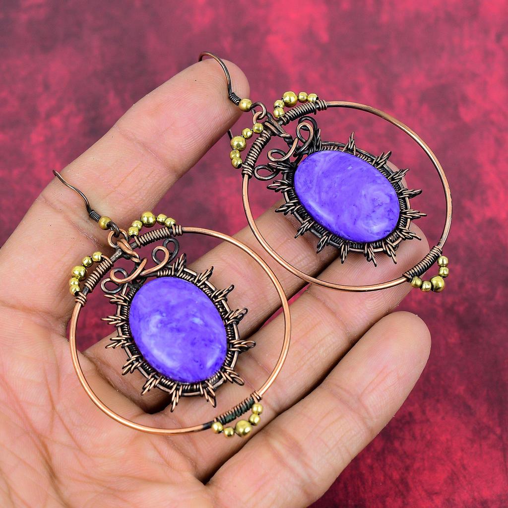 Charoite earring copper wire wrapped jewelry beautiful gemstone earring handmade jewelry copper wire wrapped antique earring gifts for women