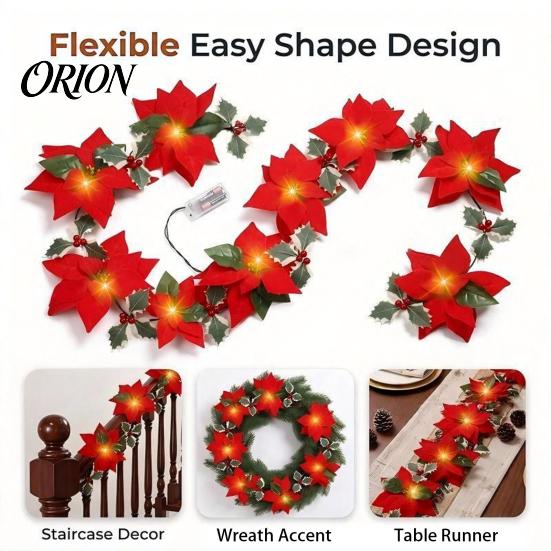 Festive Winter Home Decorations Christmas Poinsettia Garland with Light, 78/118 Inch Lighted Artificial Flower for Mantel String Light 10/20 LEDs Xmas