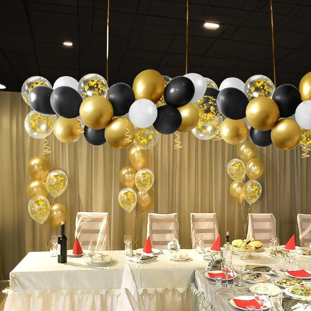 Hot Selling 50pcs 12 Inch Latex Balloons Black and White and Metallic Gold Balloons with Gold Sequin Balloons for Birthday Party