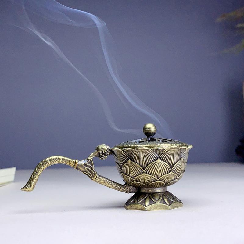 1p Creative Retro Incense Lotus Incense Handheld Alloy Antique BrassBurner Home Office Table Small Metal Craft Home Decor