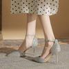 Fashion French New Pointy Shallow Mouth Temperament Elegant Sequin Bow High Heels Women's Fine Heel Pearl Line with A Single Shoe