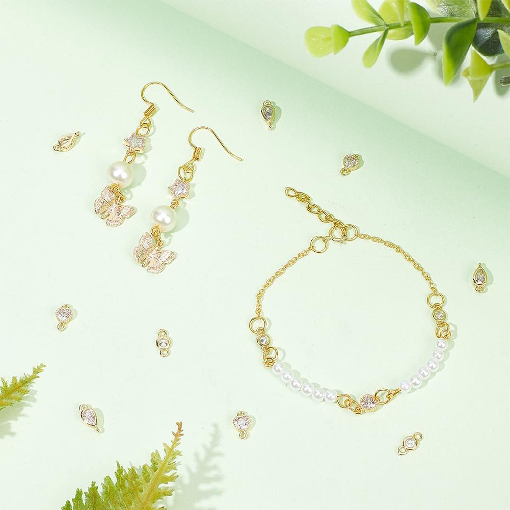 BENECREAT 20Pcs 5 Style 18K Gold Plated Links Flat Round Star Brass Micro Pave Cubic Zirconia Links Teardrop Heart Shape Connecter for Necklace