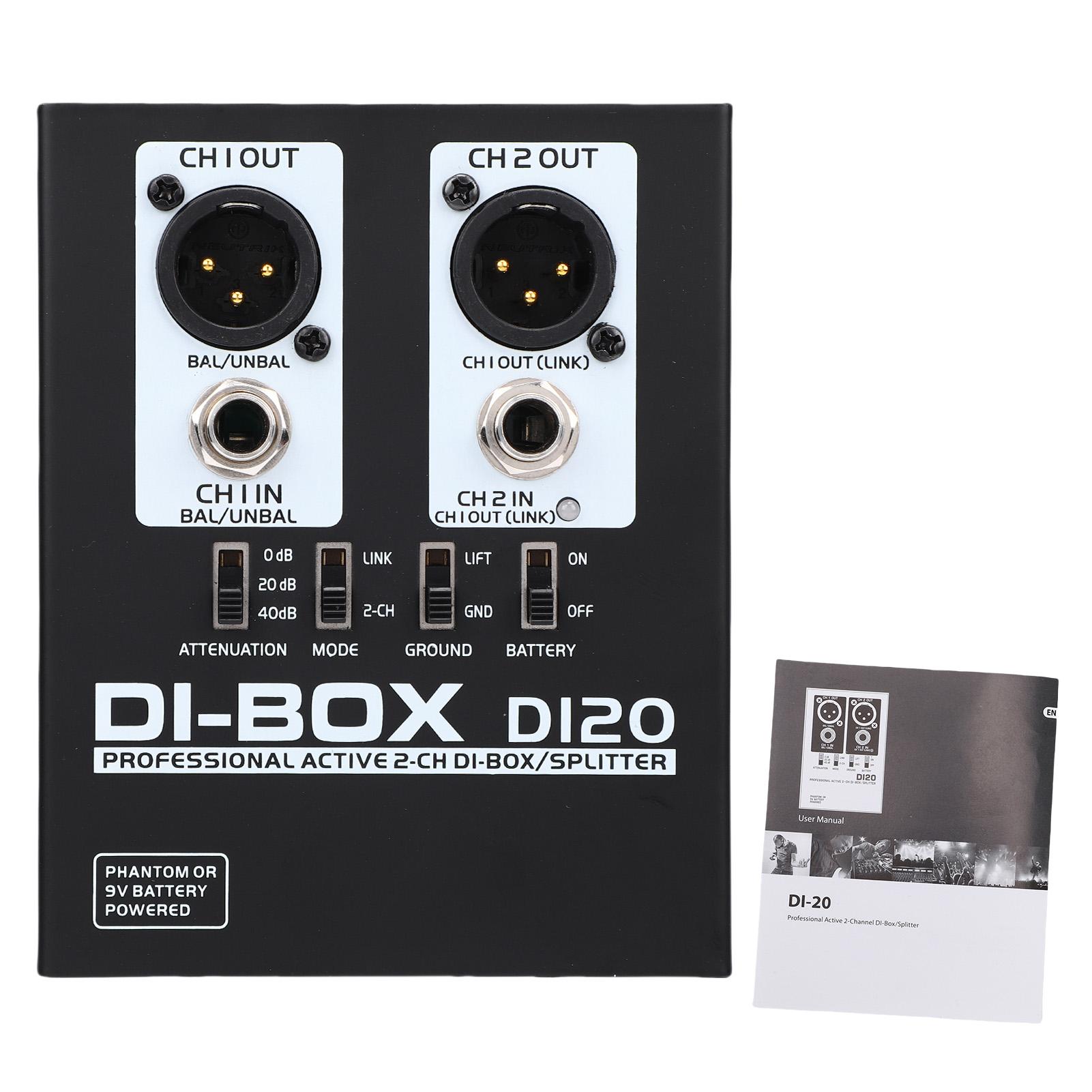 

2 Channel Active DI Box Signal Isolator TRS to XLR Converter Phantom Powered for Guitar Speaker Up to 3000W Metal Case чорний
