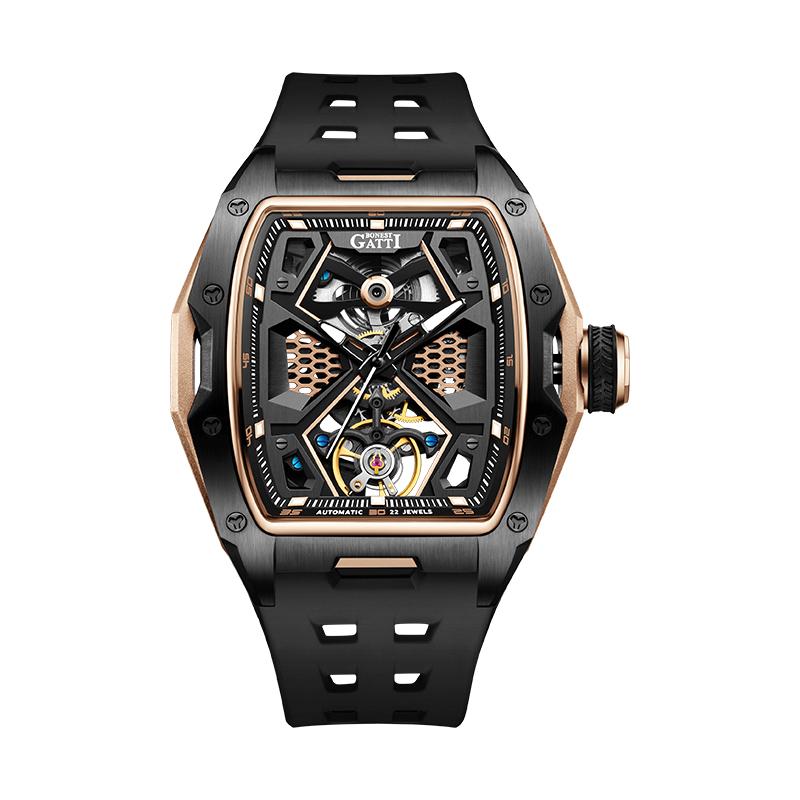 BONEST GATTI BG5501 Automatic Mechanical Watch Men Skeleton Waterproof Luminous Dial Tonneau Wristwatch
