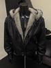 Herren Winter Schneeleopard Kunstfell PU-Lederjacke mit Samtfutter und Kapuze
