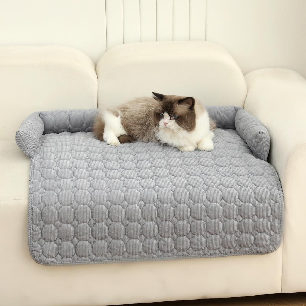 Pet Sofa Cushion with Bolster for Dogs Cats - All Cozy Pet Bed, Embroidery Plaid Design