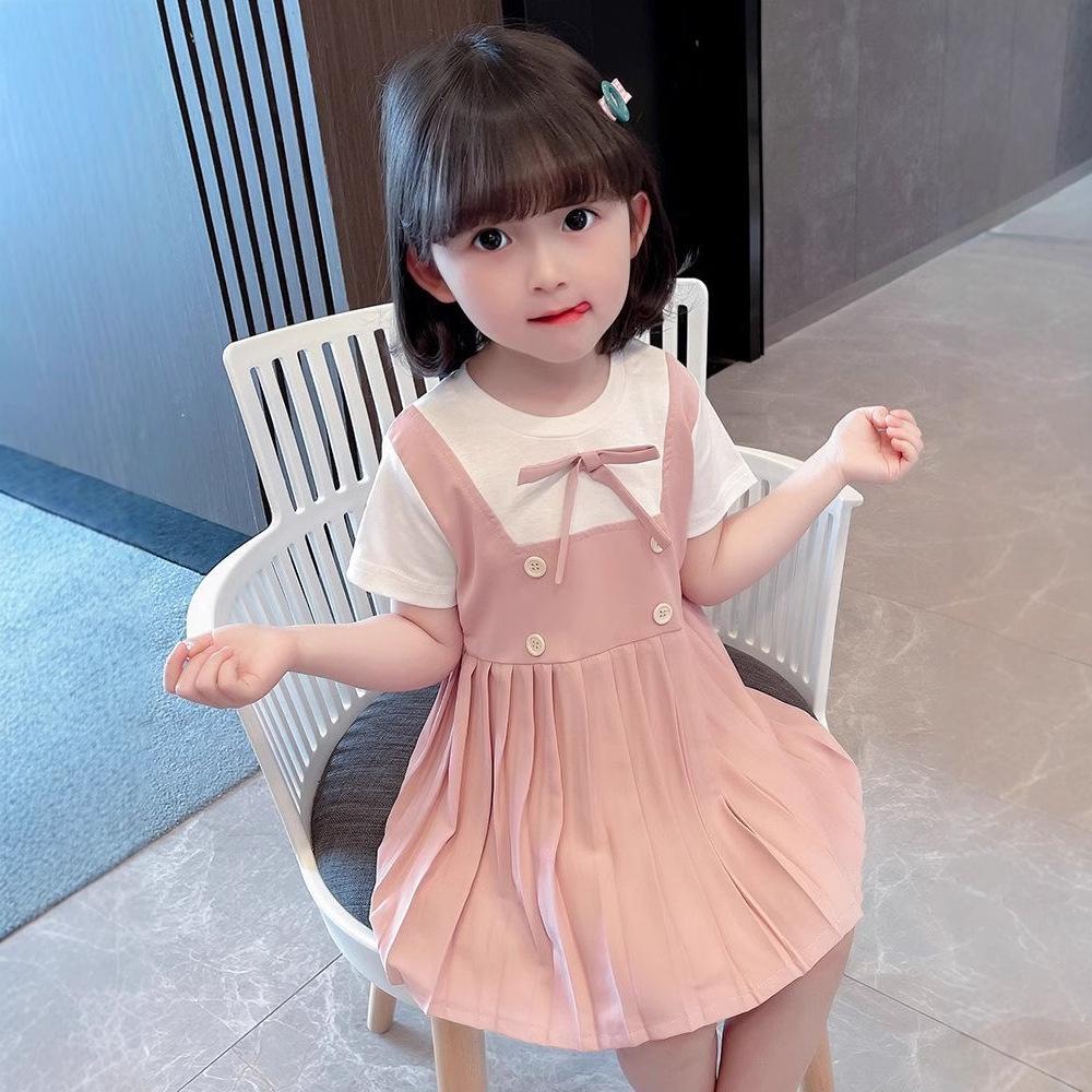 Girls Summer Lightweight Cotton Pleated Two-Piece Dress Princess Cut