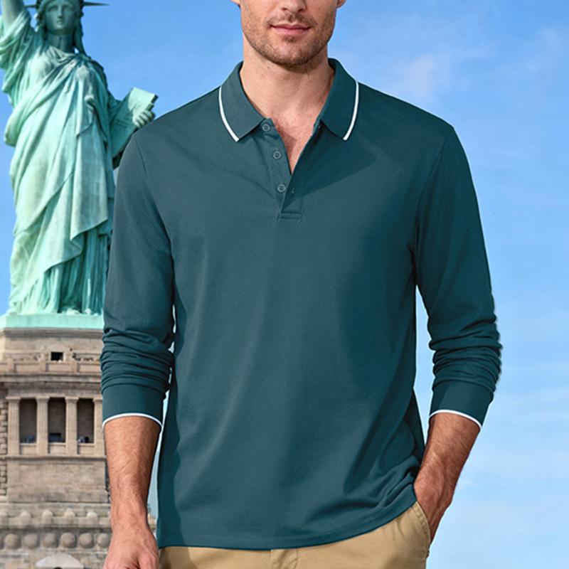 Men's Fall Long Sleeve Polo Shirt Contrast Trim Collar Button Up Golf Top