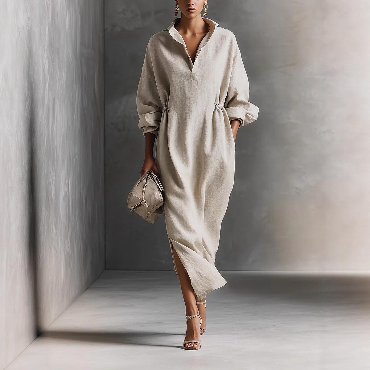 

Женское Элегантное Французское Повседневное Платье с Длинным Рукавом и Разрезом 2026 2XL грязно-белый