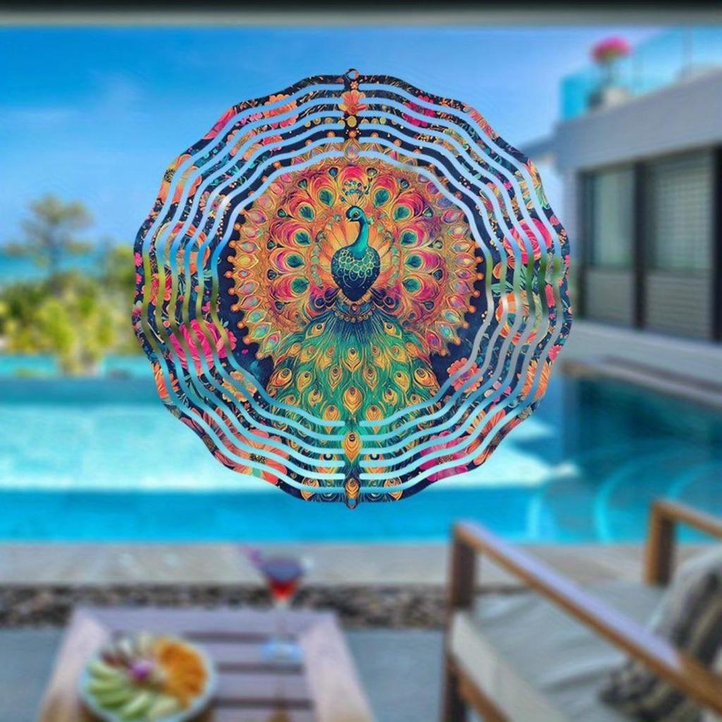 Flower Peacock Wind Chime Outdoor Garden Patio Decor Weatherproof 2D Art Rotating Hook Holiday Home Decoration
