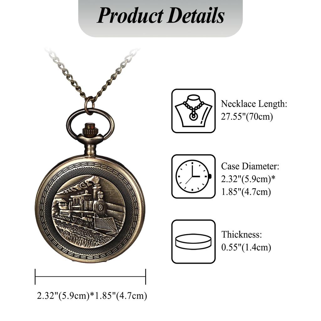 Pocket Watch Steam Locomotive Antique Analog Display Waterproof Pendant Necklace Chain - Birthday Anniversary Christmas Valentine's Day Gift