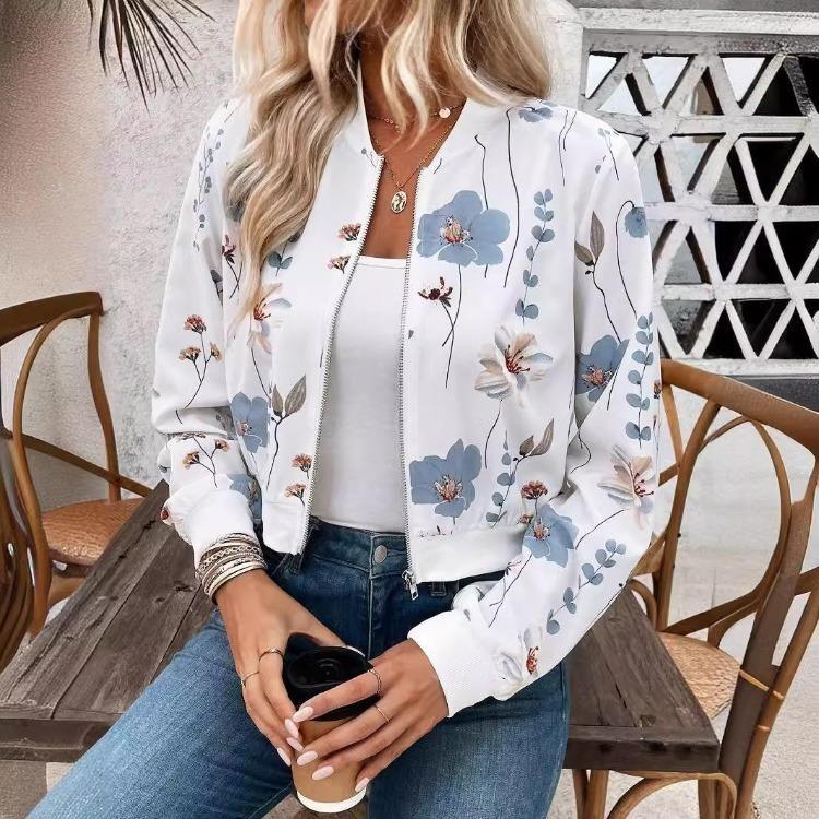 Elegant Women Casual Floral Print Cropped Jacket Long Sleeve Zippered Coat Autumn Winter Outerwear