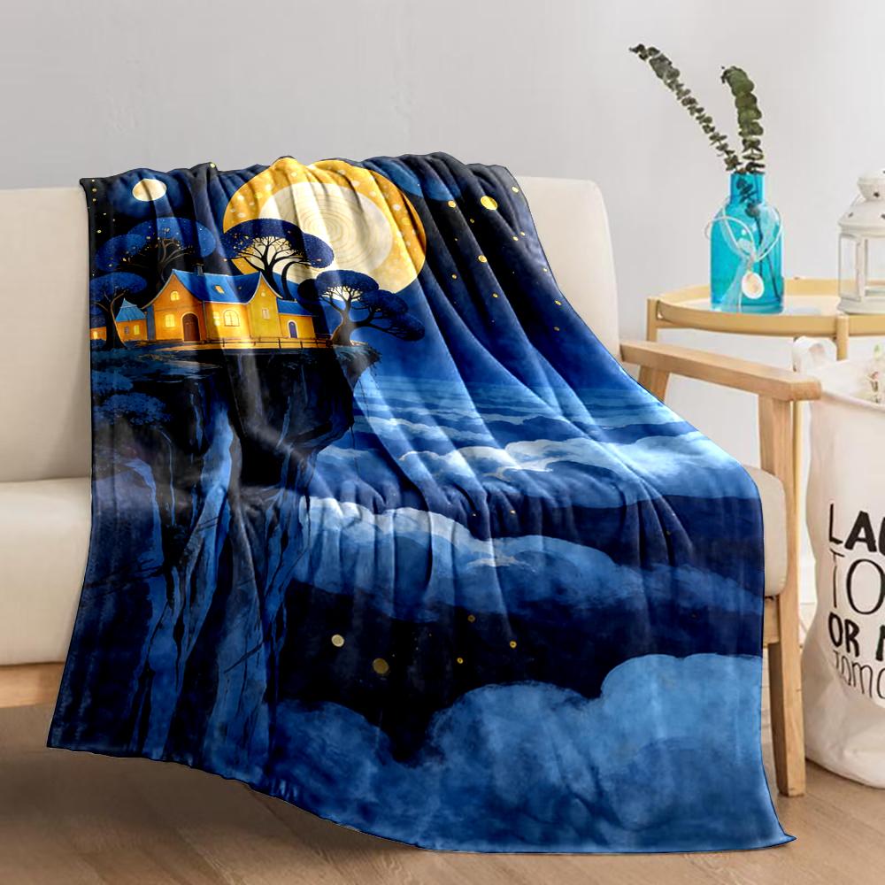 Fantasy Cliff House Night Sky Moonlight Scenery Area Blanket Decor  Blanket, Suitable for Use In the Bedroom, Living Room, On the Sofa