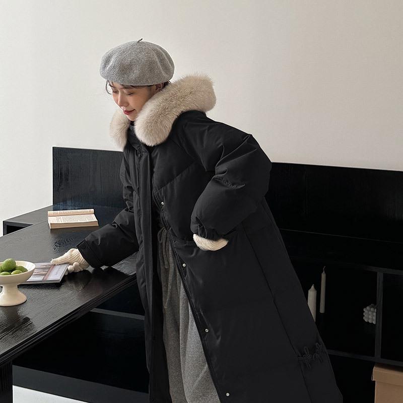 

Новая свободная куртка с капюшоном и большим шерстяным воротником, на пуху и хлопке, для женщин, зимняя, средней длины, утолщенная хлопковая куртка для тепла XL чёрный