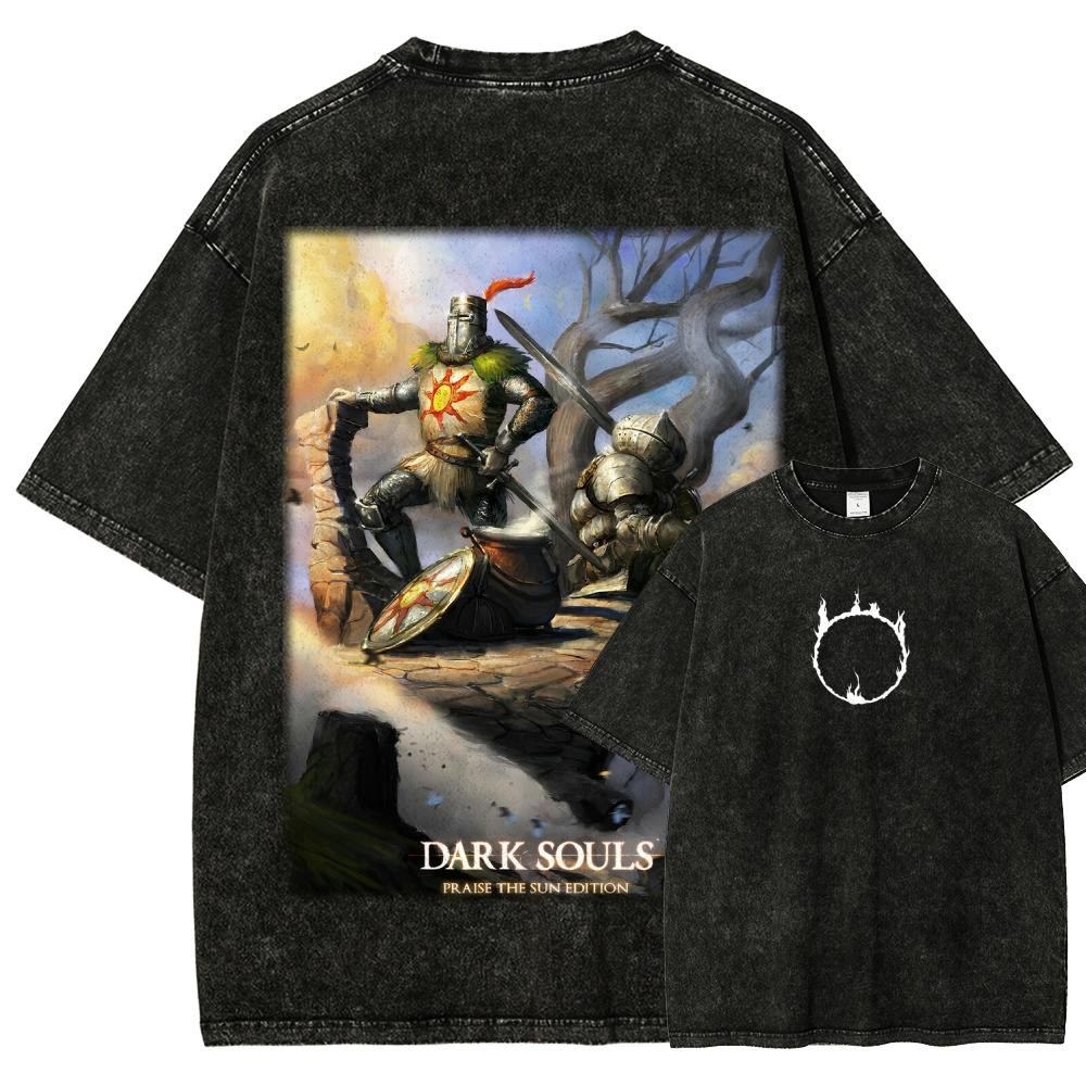 Hot Sale Action Game Peripherals Dark Souls Graphic Print T-shirt Men Women Loose Casual Oversized Vintage Washed O-neck Cotton Top Summer New Tee