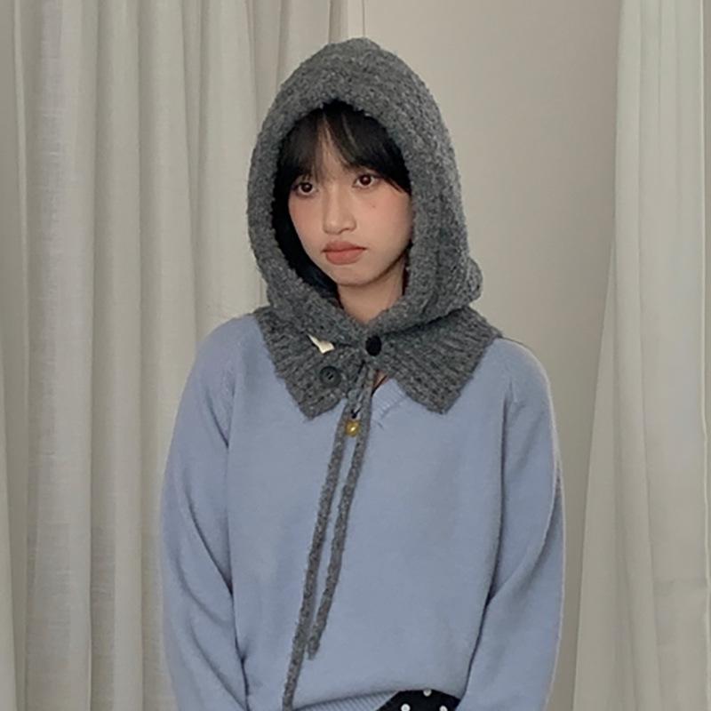 Women's Blue Knitted Wool Balaclava Scarf: Warm Ear Protection for Autumn & Winter