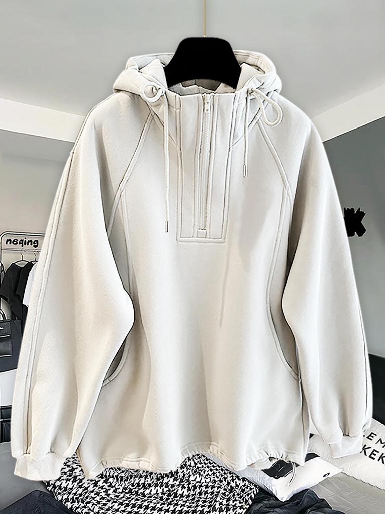 High-Quality Oversized Half-Zip Hoodie - Solid Color, Breathable Patchwork Design for Spring & Autumn
