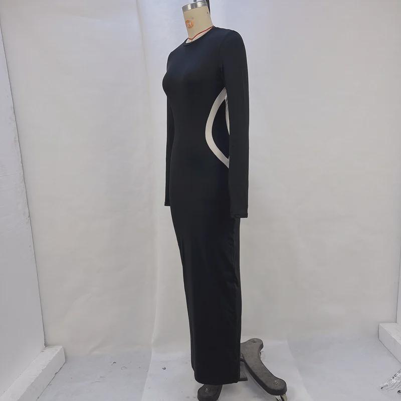 2024 Autumn/Winter Fashion: Women's Color-Block Slim Round Neck Long Sleeve Finger Set Dress