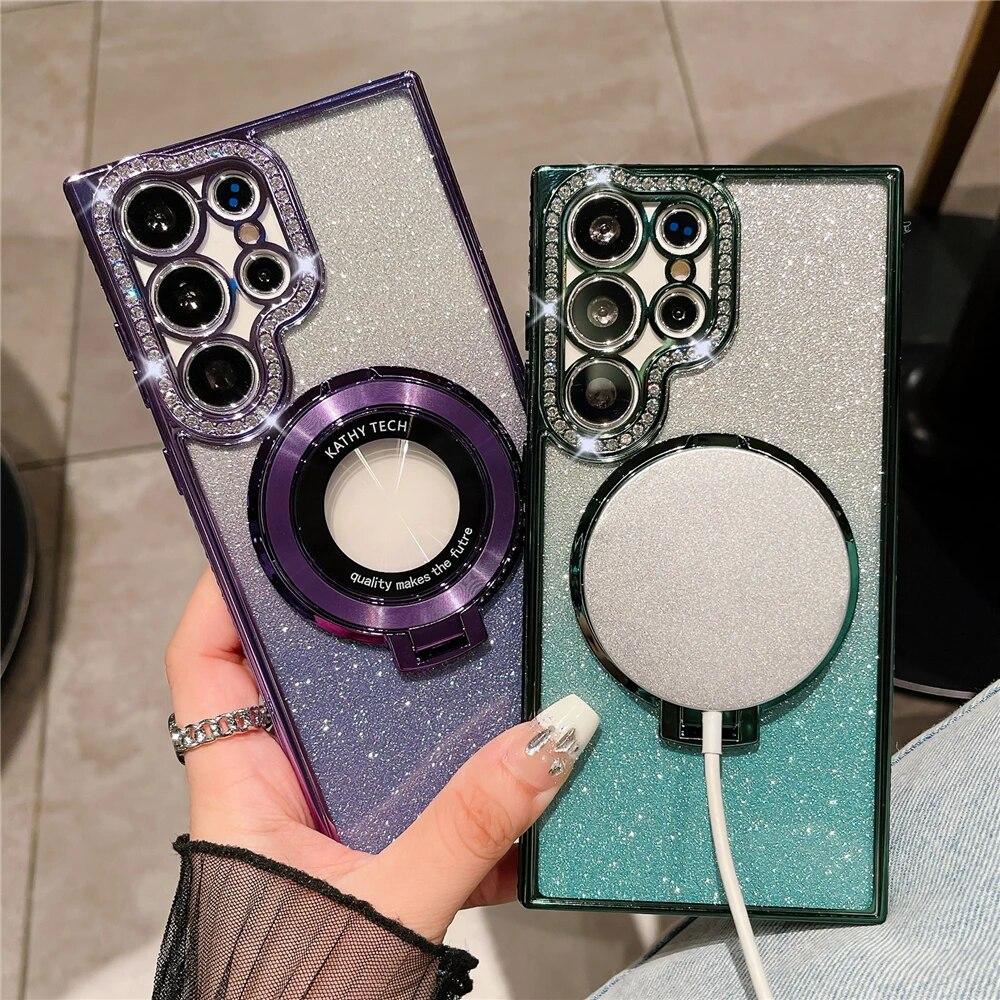 Plating Gradient Glitter Diamond Stand Holder Magnetic Case For Samsung S24 S23 Ultra S22 Plus/iphone 15 14 13 12 11 Pro Max Magsafe Protection Cover