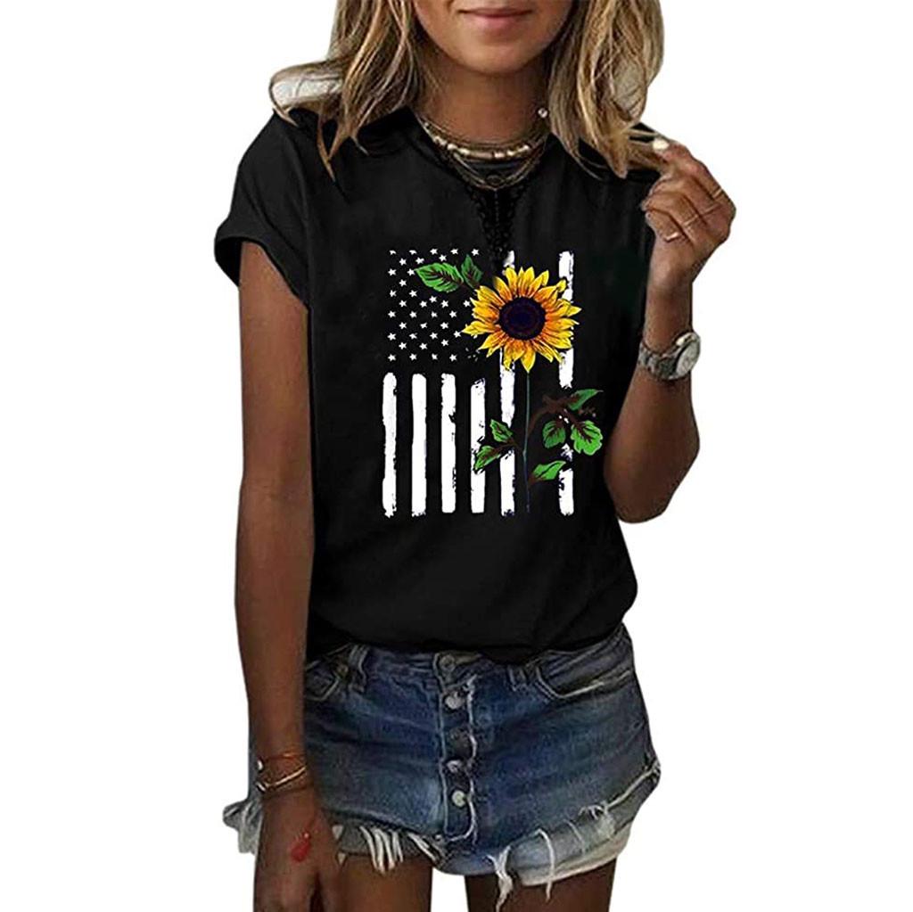 

Women Summer Sunflower Printing Short Sleeve Shirt Casual Tunic Tops Blouse M чорний