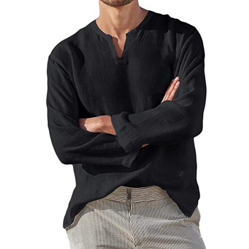 Cotton Linen Men Shirt Brief Breathable Comfy Solid Color Long Sleeve V Neck Casual Blouse Hawaiian Shirt Oversize Tops