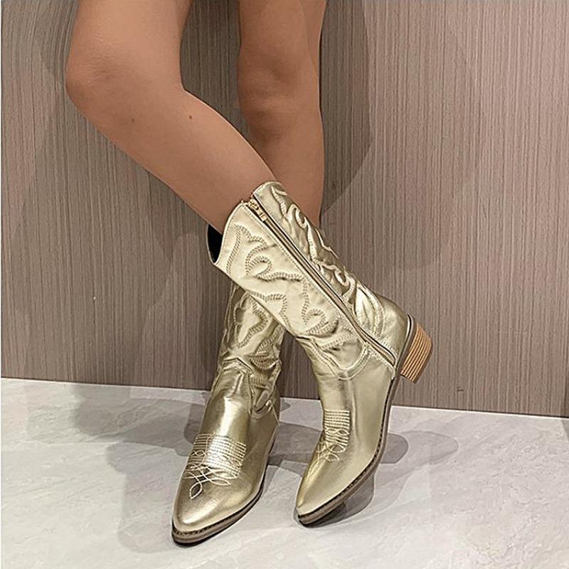 

Autumn new embroidered women s medium tube fluorescent pointed Martin boots thick heel large size boots 43 золотий