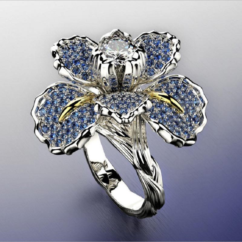 Huajie Charming Full Paved Zircon Petal Two Tone Women's Rings Irregular Elegant Banquet  Trend