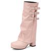 Women's Knee High Boots Sexy Turned-over Edge Winter Shoes Black White Pink Heeled Long Boot Ladies Party Shoes Large Size 45