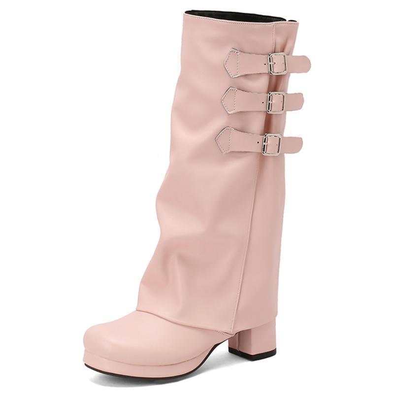 Women's Knee High Boots Sexy Turned-over Edge Winter Shoes Black White Pink Heeled Long Boot Ladies Party Shoes Large Size 45