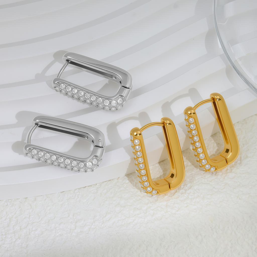 Gold and silver two-color square with diamond ear buckle fashionable personalized geometric earrings