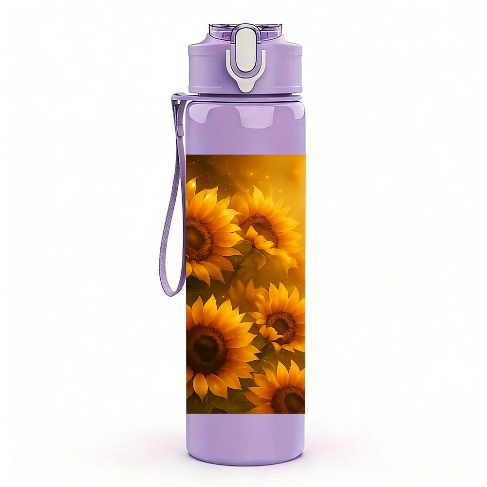 1PC Bright Sunflower Flower Print 750ml Color Plastic Sports Water Bottle Leakproof Flip Straw Lid Suitable for Sports Office Home Use