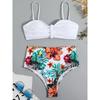 2Pcs/Set Women Bikini Set Pleated Bandeau Adjustable Straps Bra Briefs Set Solid Color High Waist Floral Swimwear Beachwear