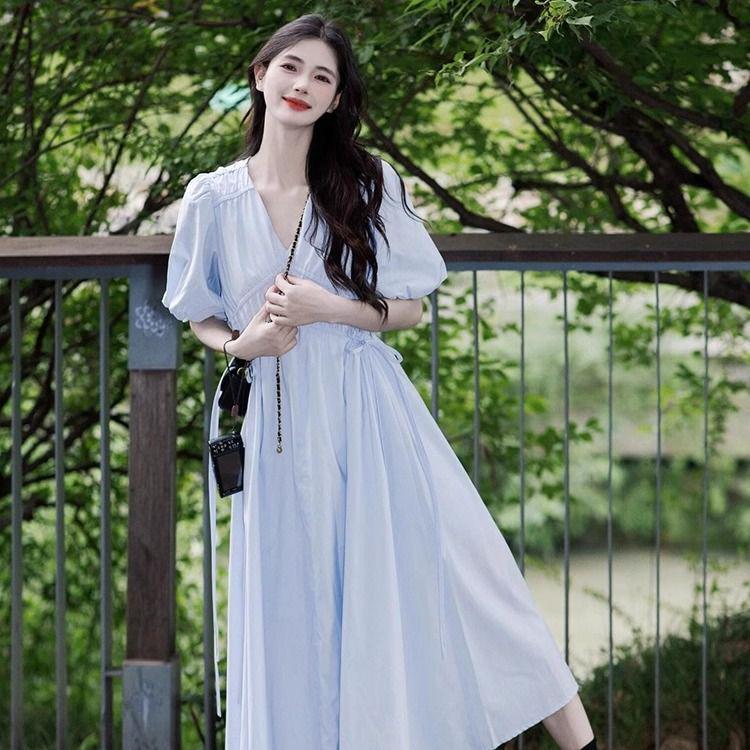 

French Blue V-Neck Puff Sleeve Tea Break Dress - Women s Summer Slimming Lace-Up Waist Elegant Skirt S светло-синий
