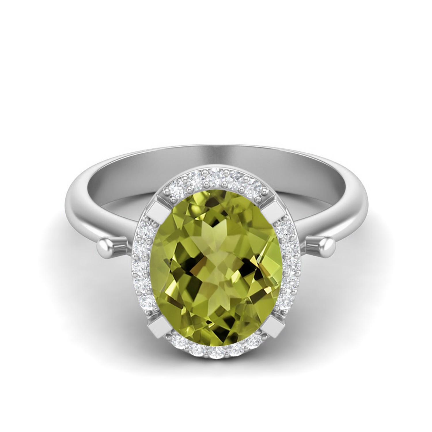 10X8mm Oval Shape Peridot Solitaire Accents 925 Sterling Silver Halo Women Engagement Ring 9