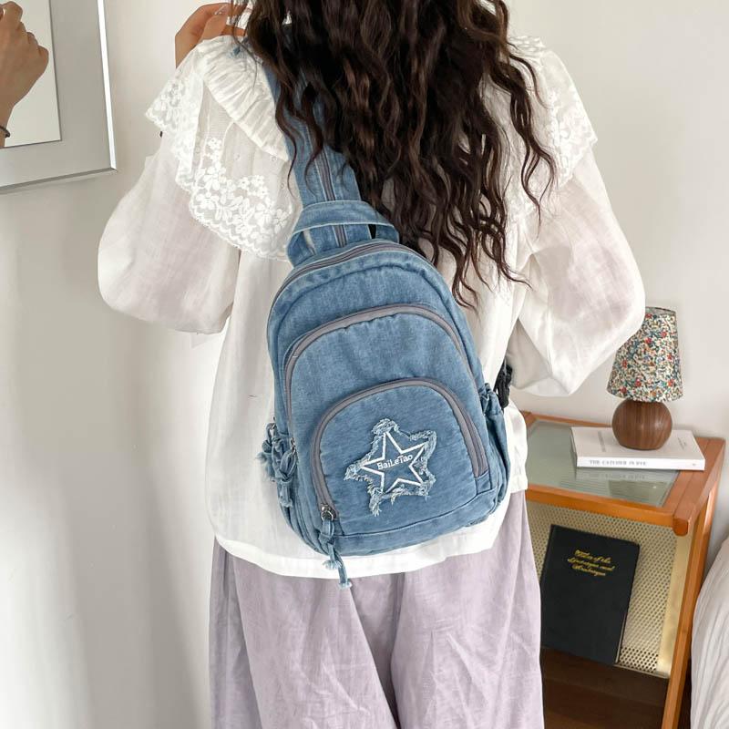 Bolso de Pecho de Mezclilla Gran Capacidad Bolso Cruzado para Mujer Viajero Múltiples Compartimentos Mochila de Estrella de Cinco Puntas
