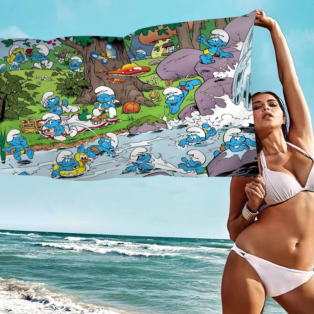 Cartoon Cute S-Smurfs Anime Beach Swimming Towel Soft Absorbent Washcloth Children's Gifts for Kids Travel Camping Gym