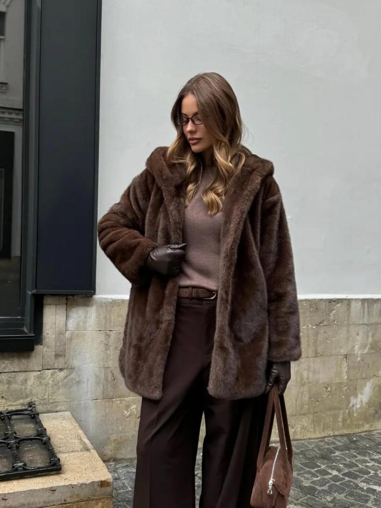 Women's Mid-Length Hooded Eco-Friendly Faux Mink Fur Coat with Belt