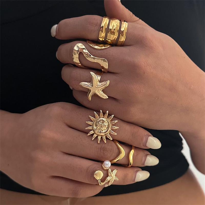 Vintage Boho Shell Pearl Starfish Open Rings For Women New Trendy Gold Color Irregular Geometric Knuckle Ring Party Jewelry Gift