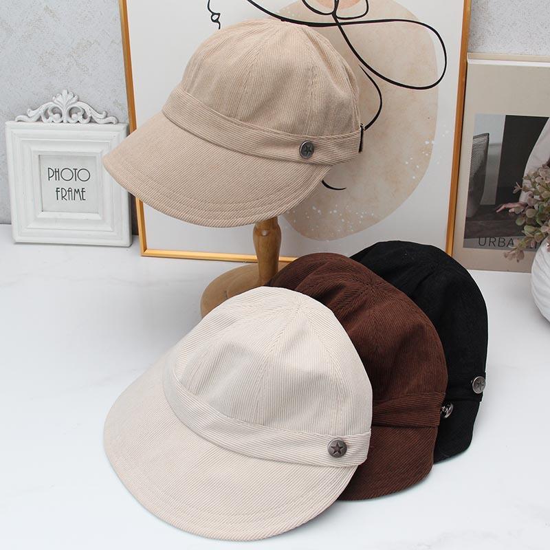 Simple solid color corduroy duck tongue basin hat women's metal buckle wide brimmed hat autumn and winter versatile commuter hat