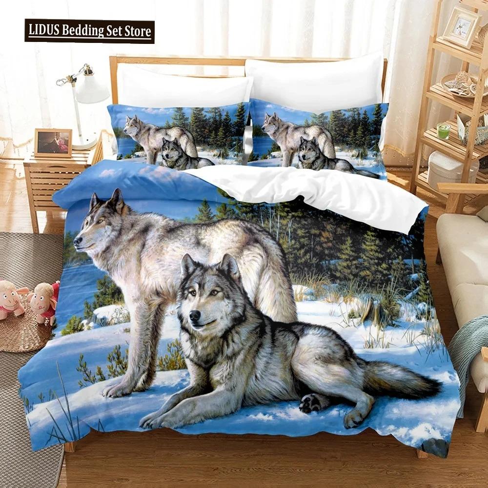 Boys Wolf Duvet Cover Set Queen Size, Boho Wolf Wildlife Animal Bedding Set Men Galaxy Dream Catcher Moon Polyester Quilt Cover