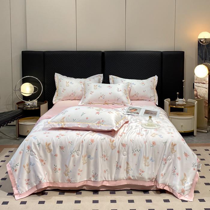 Printed Tencel Summer Quilt 4-Piece Set - Cooling Ice Silk for Naked Sleep, Smooth Gift Quilt