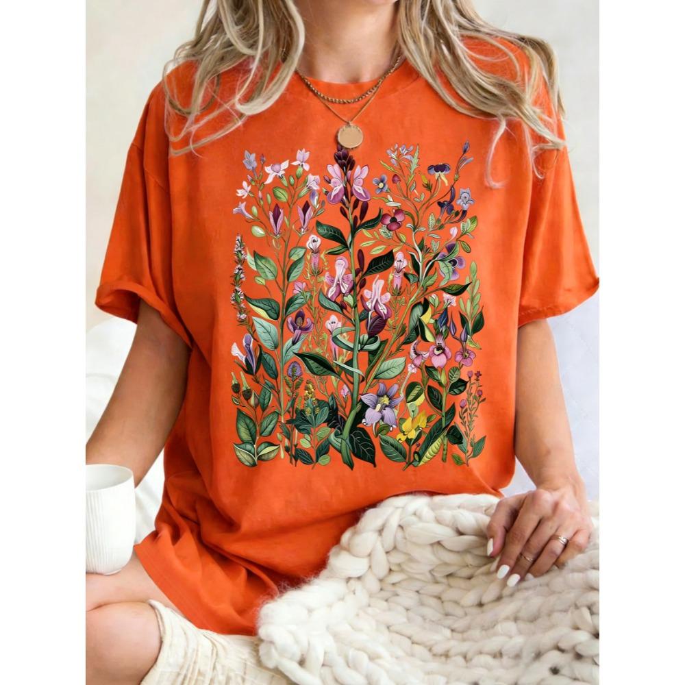 Having Different Beautiful Flowers Design T Shirts Women Cotton Summer T-Shirt Loose Casual Clothes Breathable Crewneck Top